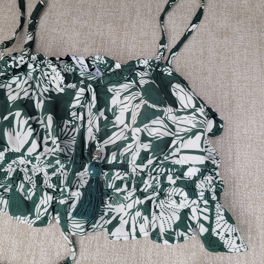Paradise USA Shorts Set Womens S Green White Tropical Leaf Crop Top Ruffle - Picture 3 of 10